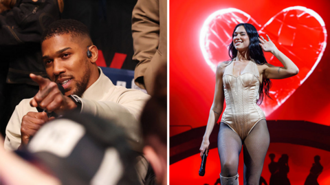 Split image of Anthony Joshua pointing and Dua Lipa peforming