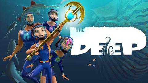 The Deep, a 3D animated show, they are a family of four wearing wetsuits and diving under water, the two children are infront, a young boy with short spikey hair holds a golden staff that appears magical, his sister is a teenage girl with a pink streak in her fringe.