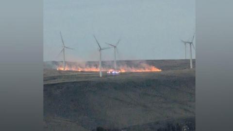 Fire near wind turbines on Scout Moor