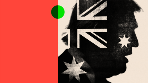 A treated image of a side shot of Donald Trump with the Australian flag edited onto him
