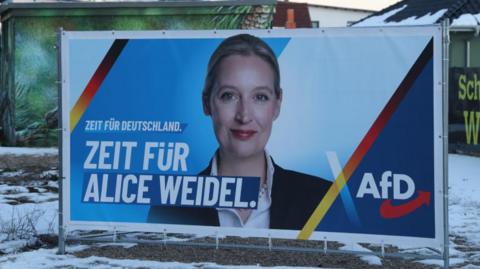 Election campaign posters of the far-right Alternative for Germany (AfD) show local candidate Arne Raue and chancellor candidate Alice Weidel on February 18, 2025 near Brandenburg, Germany