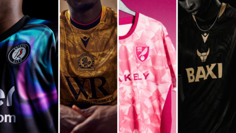 A line-up of 25/26 Championship football shirts; Bristol City's third kit, Blackburn Rovers' away kit, Norwich City's third kit and Oxford United's away kit