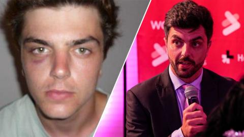 Split image of young Will Adolphy with a black eye (left) and his current self speaking at the UN HeForShe conference (Credit: UN Women/Jennifer Graylock)