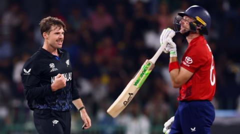Lockie Ferguson celebrates the wicket of Jos Buttler
