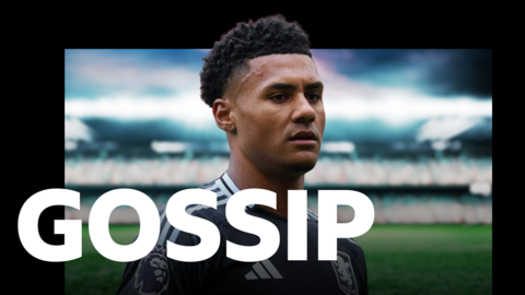 Aston Villa striker Ollie Watkins behind a graphic reading "Gossip"
