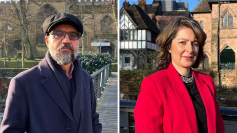 On the left a man stood wearing a dark blue overcoat, flat cap and tinted glasses stood against the background of a church with greenery and shrubs with a walkway towards it. On the right a woman dark hair, wearing a red jacket with a black dress underneath with sequins around the neckline. The woman is stood against the backdrop of a black and white medieval building and a brick fronted building.