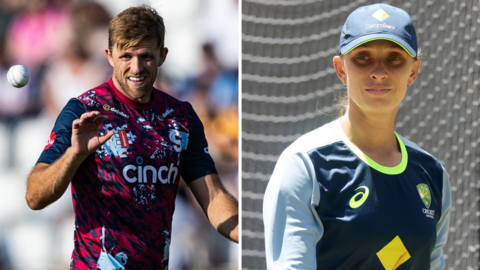 David Willey, left, catches a ball while Ash Gardner, right, looks on - split image