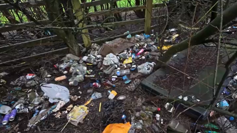 Litter on a verge on the A38 near Denby