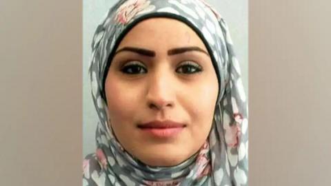 A composite image of Rania Alayed, who is wearing a colourful headscarf and smiling.