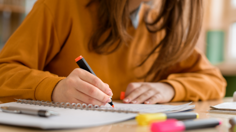 Anonymous pupil working at her desk with highlighter pen