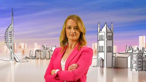 Laura Kuenssberg facing the camera in pink suit jacket with arms crossed and graphic sketch style image of London skyline