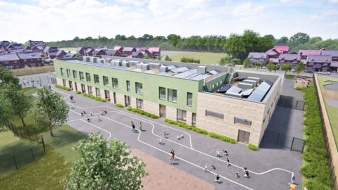 An aerial CGI image of a school building. It shows a large brick-built rectangular shaped building. People are shown in the foreground in what appears to be a playground setting. Homes are visible in the background.