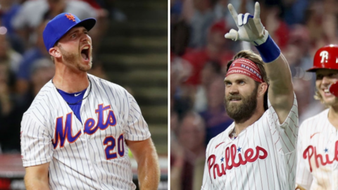 Pete Alonso and Bryce Harper celebrate