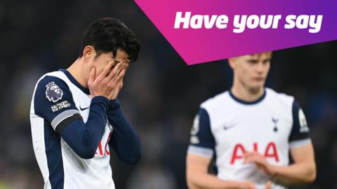 A footballer from Tottenham Hotspurs holds his head in his hands, with text "Have your say" superimposed on the image