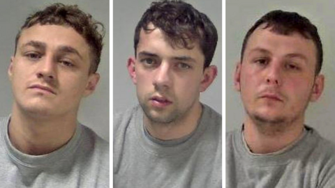 Spiers, Doran and Gill (left to right). Each of the men are wearing a grey sweatshirt. Spiers has short, brown, curly hair and is clean shaven. Doran has short, dark, curly hair and slight stubble. Gill has short, dark hair and stubble.