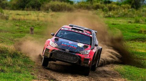 Gus Greensmith and co-driver Jonas Andersson of Team Toksport WRT 2, driving a Skoda Fabia RS Rally2, compete on the second day of the FIA World Rally Championship WRC Safari Rally Kenya 2026 in Naivasha, Kenya, on March 14, 2026