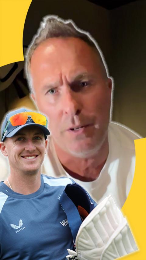 Michael Vaughan with a picture of Harry Brook