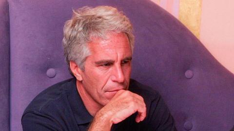 Jeffrey Epstein, with short grey hair, wearing a navy t-shirt. He is sitting on a purple chair.
