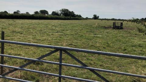 A large open field with short, green grass stretching across the foreground and into the distance. A metal farm gate with horizontal bars runs across the lower portion of the image, marking the boundary of the field. In the distance, a line of trees and hedgerows forms the horizon, creating a natural border around the landscape. Off to the right side of the field, there is a small, empty livestock feeder standing on a patch of disturbed ground.