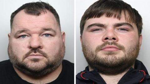 On the left, a police issue picture of David Povey. He has short, dark hair, a beard and a neutral expression. On the right, a police issue picture of Jonathan Newns, he has dark hair, a beard and is staring into the camera.