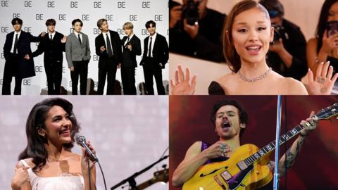 Four images showing the boyband BTS, and singers Ariana Grande, Olivia Dean and Harry Styles.