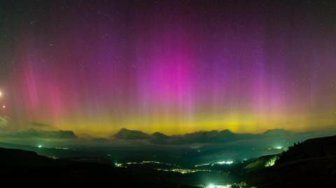 The northern lights from the Rhigos Mountain above Rhondda