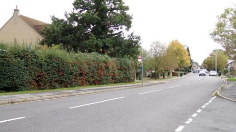 The grey tarmac of Lynn Road, Ely, with dashed lines through the centre of the road. In the background, there is the top of a house, partly hidden by a large bush, and in the distance there are cars on the road and trees on either side. 