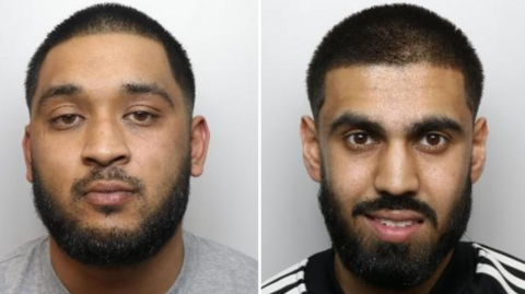 Mughshots of Abidul Islam and Mohammed Sajid. Islam has close cropped dark hair and a dark beard. He is wearing a grey t-shirt. Sajid also has close cropped dark hair and a dark beard. He is wearing a black jumper with white stripes along the shoulders.