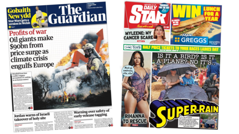 A composite image of the Guardian and the Daily Star. "Profits of war" reads the headline of the former and "super-rain" reads the headline of the latter.