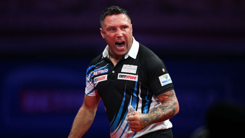 Gerwyn Price celebrates a checkout during the World Matchplay