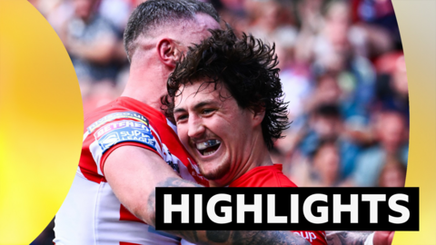 Jake Davies celebrates his try for St Helens against Huddersfield Giants