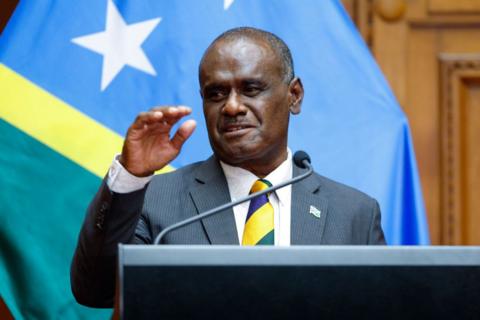 Solomon Islands Foreign Minister Jeremiah Manele speaks during a press conference at Parliament on October 04, 2022 in Wellington, New Zealand