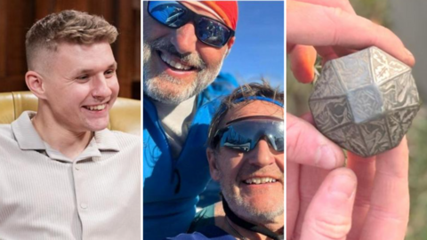 Three images: contestant from The Traitors, Reece Ward, rowers David Knaggs and Richard Larkin, and a sword pommel made of a copper alloy.