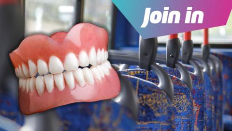 The background is a picture of bus seats. Superimposed on top is a pair of false teeth. In the top right corner there is a graphic saying "join in".