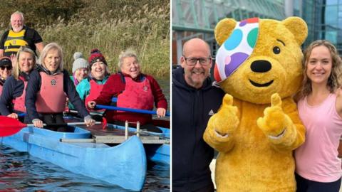 Two images: A group of people wearing red life jackets paddle blue canoes on a calm body of water with tall grass in the background. And a large yellow bear mascot with a colourful polka-dotted bandage over one eye stands outdoors between two people, all giving thumbs up.