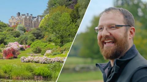 A view of Scotney Castle, and facilities manager John smiling