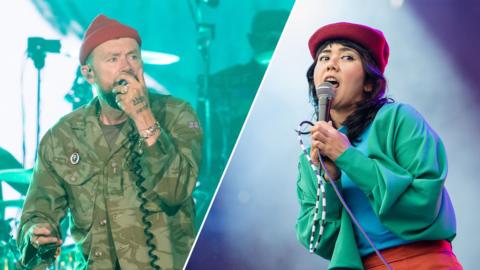 A split image of Damon Albarn of Gorillaz and Lovefoxxx of Cansei de Ser Sexy