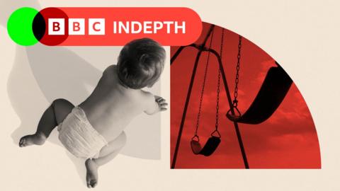 On the right is a treated image of some swings which are empty on a red background and on the left is a black and white image of a toddler