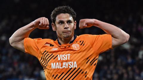 Yousef Salech celebrates equalising for Cardiff at Huddersfield