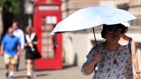 A woman wearing a hat and sunglasses, holding a white umbrella on a sunny day, with three people walking behind her and a red telephone box in distance