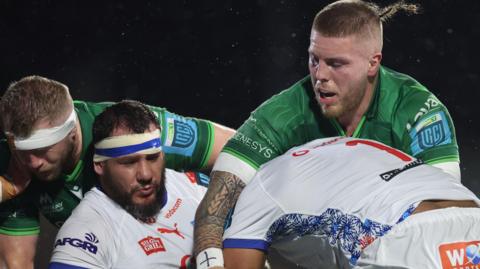 Connacht's Sean Jansen was sent off in the 21st minute of the United Rugby Championship contest in Galway for an elbow on former Ulster player Marcell Coetzee