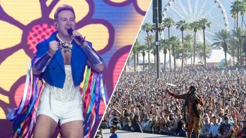 A split image of &lsquo;H&rsquo; from Steps and a crowd at Coachella in California.