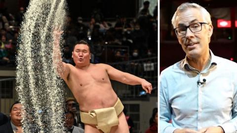 Splitscreen: A sumo wrestler throwing salt onto the ring, next to a BBC reporter speaking