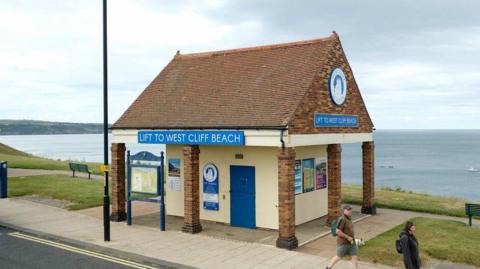 A small brick building on the Whitby coast, which houses a cliff lift.