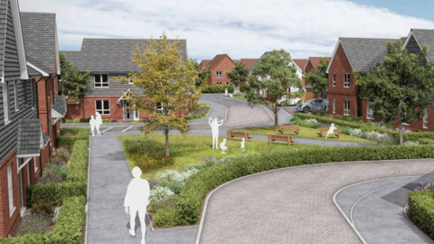 An artist's impression of the proposed development with trees, shrubs and green spaces