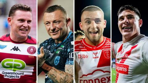Wigan's Jai Field, Leigh's Josh Charnley, Hull KR's Mikey Lewis and St Helens' Shane Wright in a four-way split picture