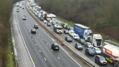 Queues of traffic on the M11 on the southbound carriageway between junctions seven and eight 