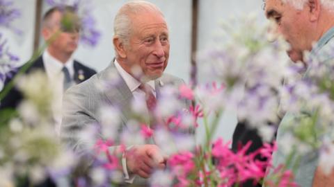  King Charles III during a visit to the Sandringham Flower Show. He is in a marquee and standing before some pink nerines and pointing them to another man.  