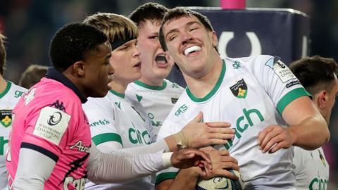 Tom Lockett celebrates scoring for Northampton against Stade Francais