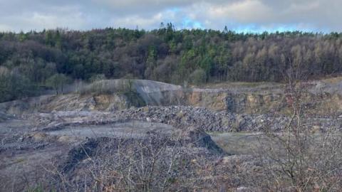 A wide view of the quarry, with piles of stones running in lines, which is overlooked by woodland